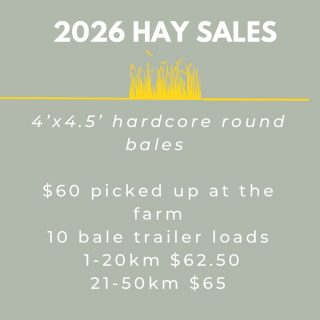 Our 2026 pricing is now set for our 4’ x 4.5’ hardcore round bales of meadow hay (a balanced mix of grasses and legumes).

Pre-orders are not open yet. We’ll be reaching out within the next two weeks to customers who purchased from us in 2025, as they’ll have the first opportunity to book their hay for the coming season.

Thank you sincerely for your support in 2025. We’re looking forward to a great season and keeping our fingers crossed for perfect haymaking weather in 2026 💚