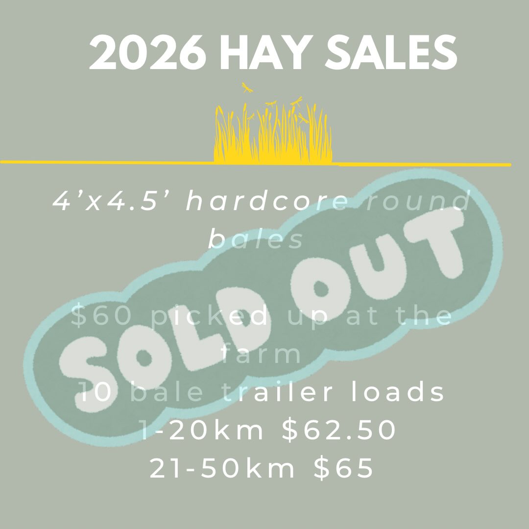 Pre-orders are now officially sold out for our 2026 hay.  Thank you all so much for the incredible support 💚

If you missed out, don’t worry yet. Our waitlist is now open. If we have extra hay available (weather permitting 🤞), we’ll be offering it to waitlist clients first, in order.

Our 4’ x 4.5’ hard core round bales of meadow hay (a balanced mix of grasses and legumes) will be available at 2026 pricing, with pickup at the farm and limited delivery options.

We’re so grateful for to continue on to the growing season ahead and truly appreciate everyone who trusts us to feed their animals. Now we just need the sunshine ☀️🌾